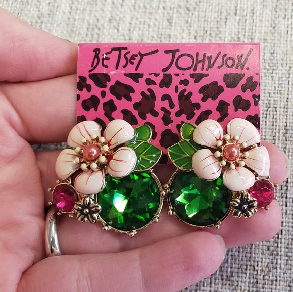 Statement Earrings, 1 pair Crystal Hoops, 1 pair Betsey Johnson Floral Studs. - Picture 5 of 6